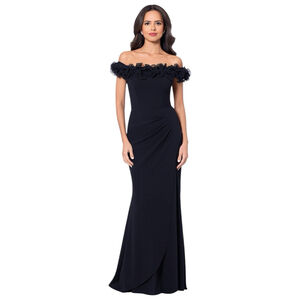 XSCAPE Ruffled Off-the-Shoulder Scuba Crepe Gown Black Size 10P